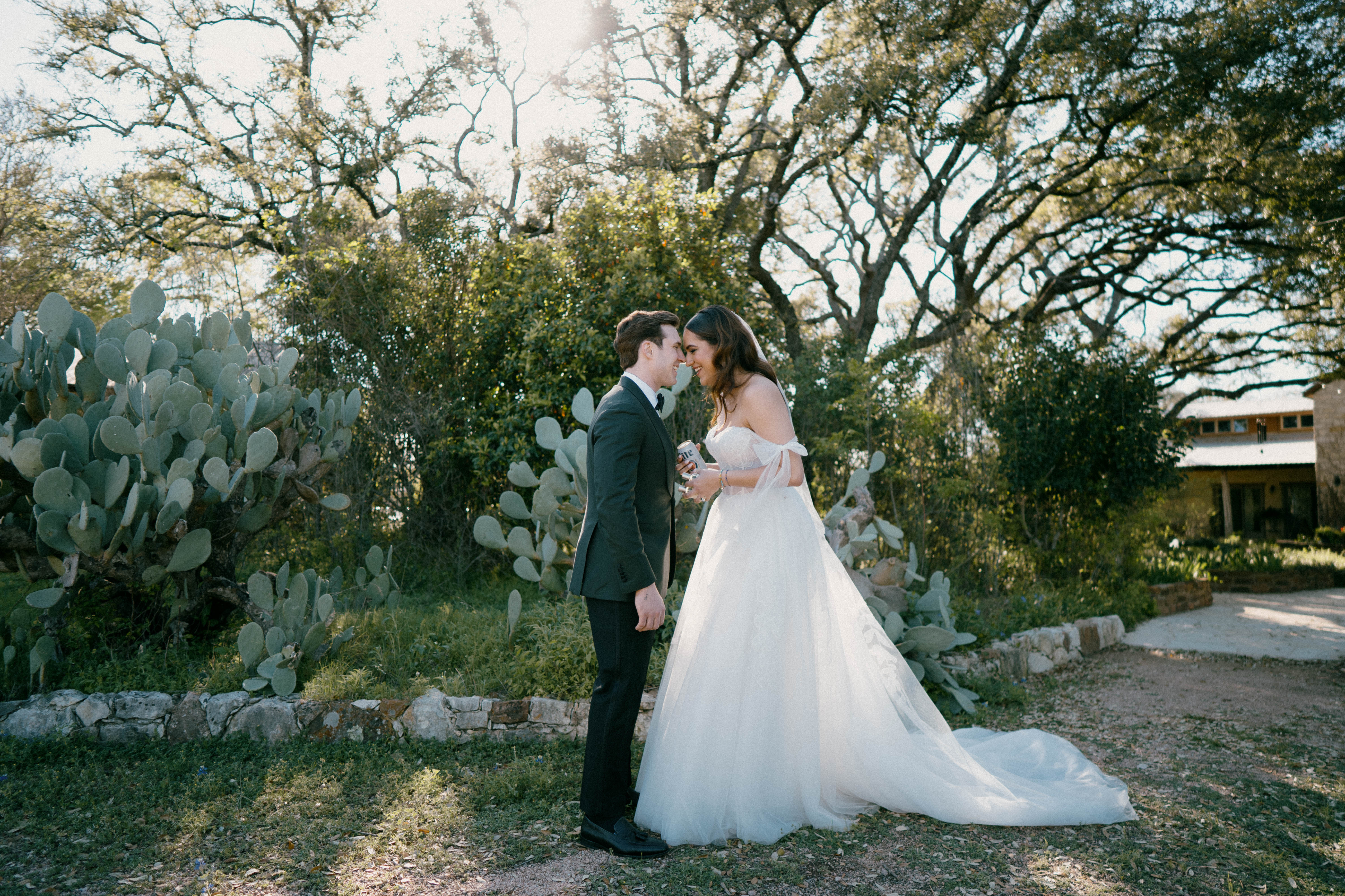 Bride and groom meet on wedding day outside of Hudson Bend Ranch in Austin, Texas